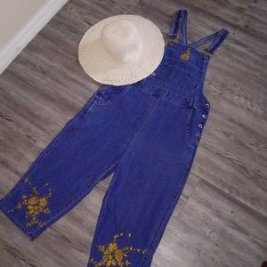 Denim Overalls with Gold Embroidered Flowers